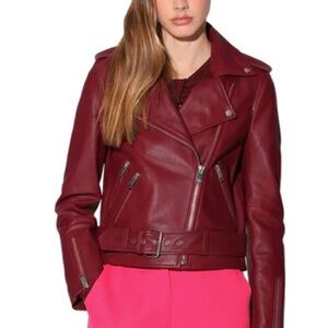 Women's Burgundy faux fur lined vegan Leather Jacket *missing belt * size small
